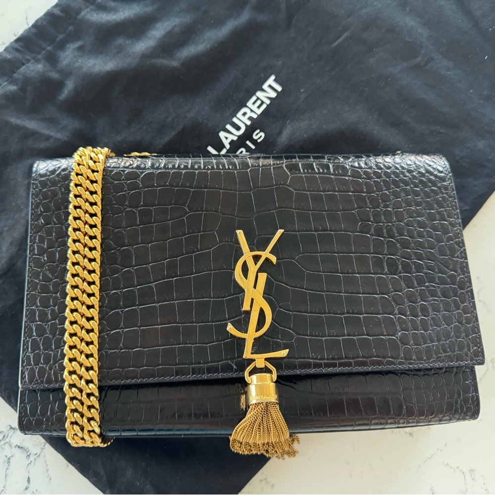 Saint Laurent Black YSL Kate Tassel Crossbody Purse Bag Croc Embossed Gold